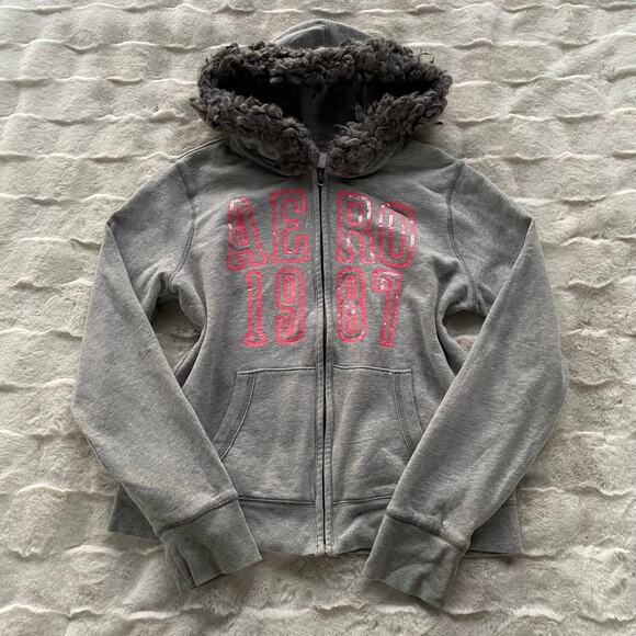 🔥Aeropostale Y2K Faux Fur Hood Sequins Spell Out Full Zip Gray Sweatshirt Sz XL - Picture 1 of 16